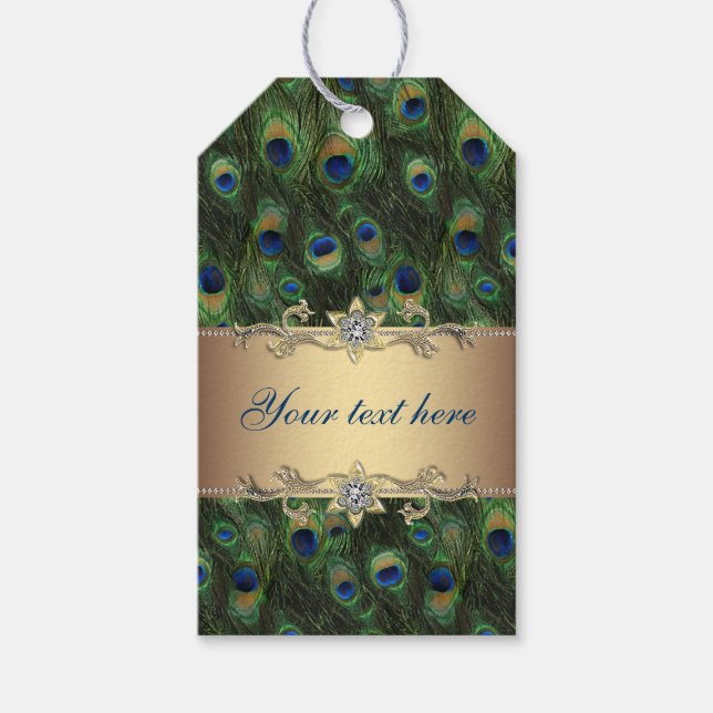 Étiquettes-cadeau Mariage Paon Doré (Devant)
