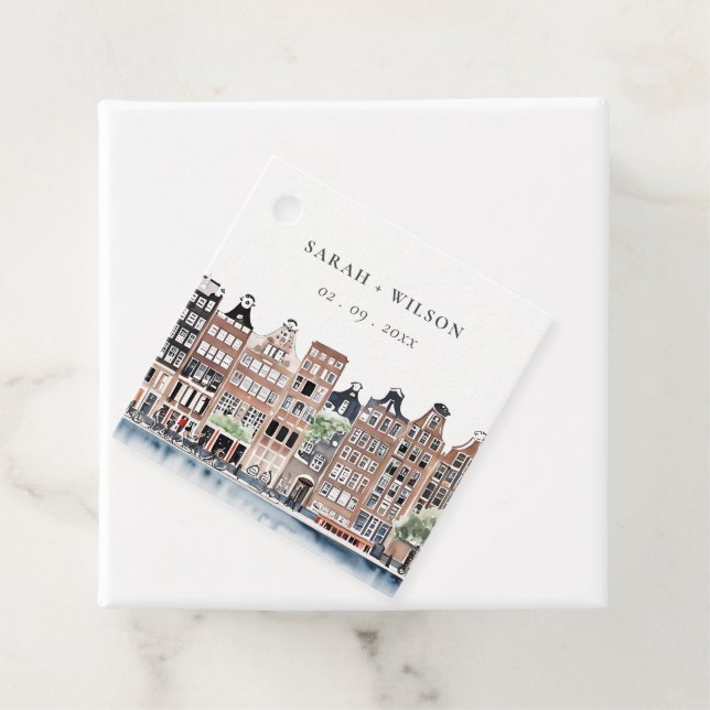 Étiquettes Cadeau Mariage paysager du canal néerlandais d'Amsterdam (En situation)