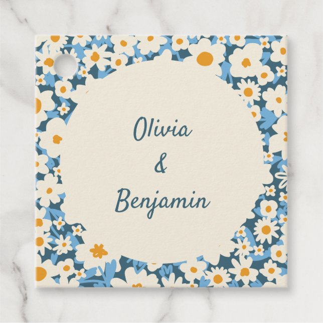 Étiquettes Cadeau Mariage personnalisé floral bleu blanc bohème colo (Devant)