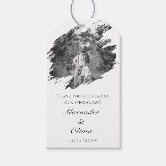 Étiquettes-cadeau Mariage photo moderne Brushstroke | Faveur blanche (Devant)