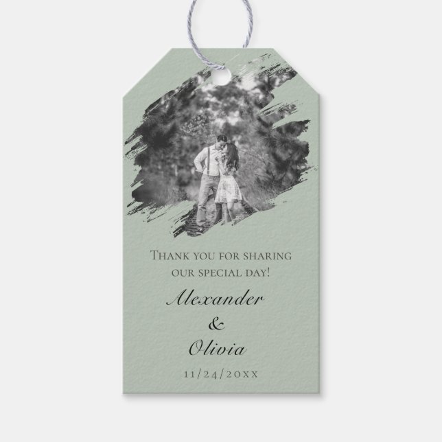Étiquettes-cadeau Mariage photo moderne Brushstroke Sage Green Favor (Devant)