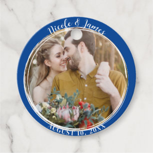 Étiquettes Cadeau Mariage photo ronde en mode bleu profond minimal