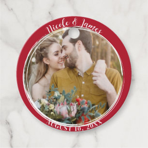 Étiquettes Cadeau Mariage photo rouge minimal à la mode ronde