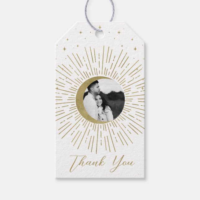 Étiquettes-cadeau Mariage Photo Soleil Éclaté Céleste Or Blanc (Devant)