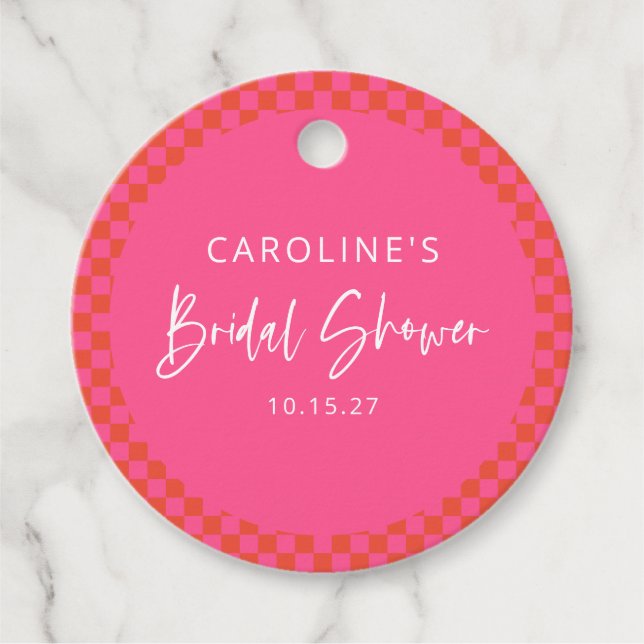 Étiquettes Cadeau Mariage Réception Rose Orange Chaud Motif Damier R (Devant)