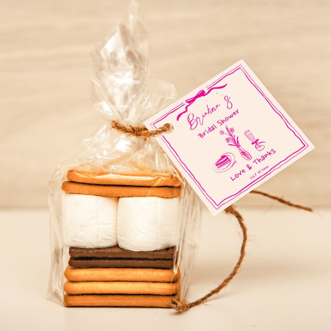 Étiquettes Cadeau Mariage rétro gribouillé ruban rose (Handdrawn scribble retro pink ribbon bridal shower thank you favor tags minimalist handwriting )