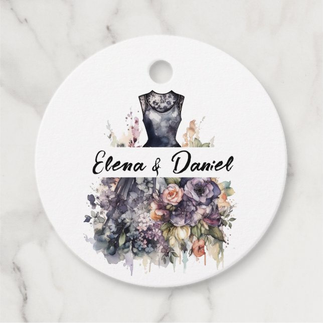 Étiquettes Cadeau Mariage robe noire atercolor rose lavande rose (Devant)