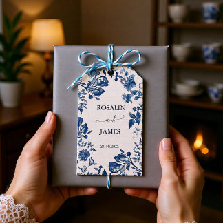 Étiquettes-cadeau Mariage Romantique Toile de Jouy Bleu Poussiéreux 