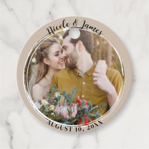 Étiquettes Cadeau Mariage Rond de Photo de Mode Minimal Beige 