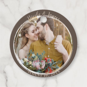 Étiquettes Cadeau Mariage Rond de Photo de Tendance Minimal Brun
