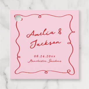 Étiquettes Cadeau Mariage Rose et Rouge Dessiné à la Main de Manière
