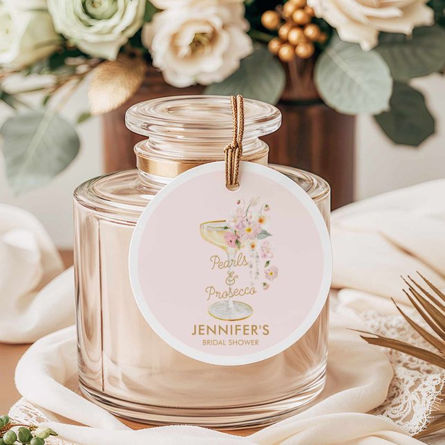 Étiquettes Cadeau Mariage Rose Poudré Perles Roses et Prosecco (Pink Pearl and Prosecco Bridal Shower Favor Tag)