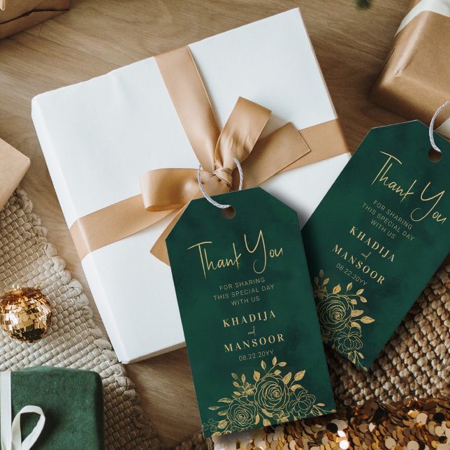 Étiquettes-cadeau Mariage Royal Émeraude Vert Or Floral Remerciement (Créateur téléchargé)