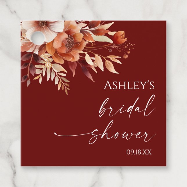 Étiquettes Cadeau Mariage Rustique Bordeaux Brun Floral Fête de Mari (Devant)