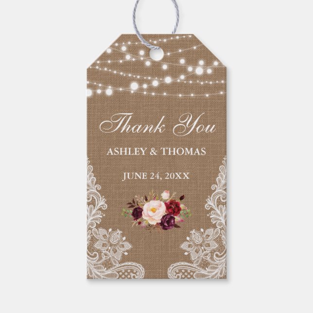 Étiquettes-cadeau Mariage rustique Burlap dentelle Merci floral (Devant)