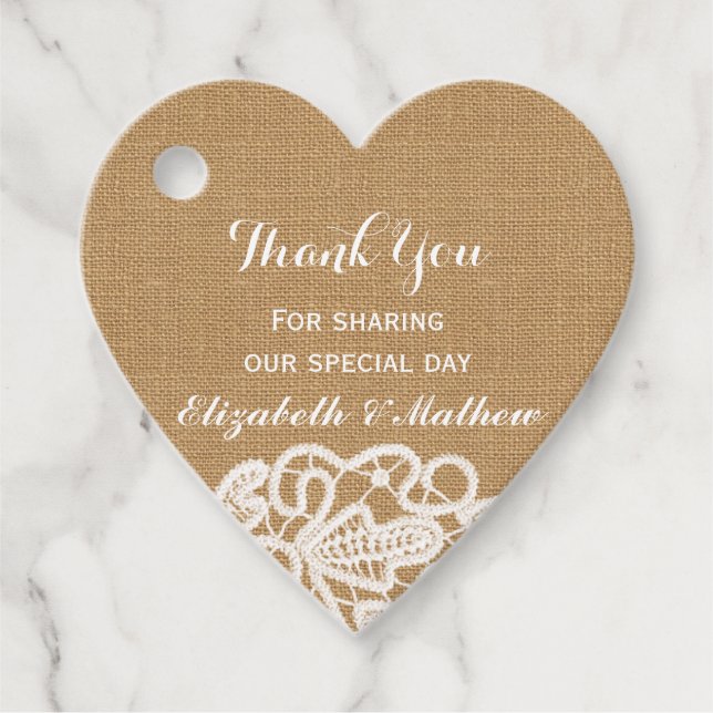 Étiquettes Cadeau Mariage rustique Burlap Merci dentelle (Devant)