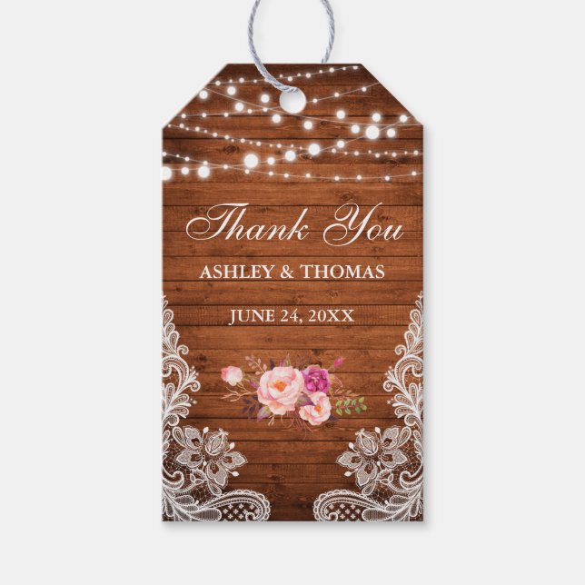 Étiquettes-cadeau Mariage rustique dentelle rose Merci floral (Devant)