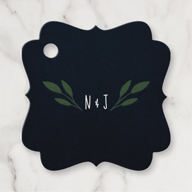 Étiquettes Cadeau Mariage Rustique Feuilles Vertes et Bleu Foncé (Devant)