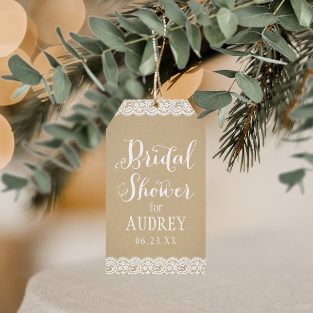 Étiquettes-cadeau Mariage Rustique Kraft et Dentelle Shower de Marié (Créateur téléchargé)
