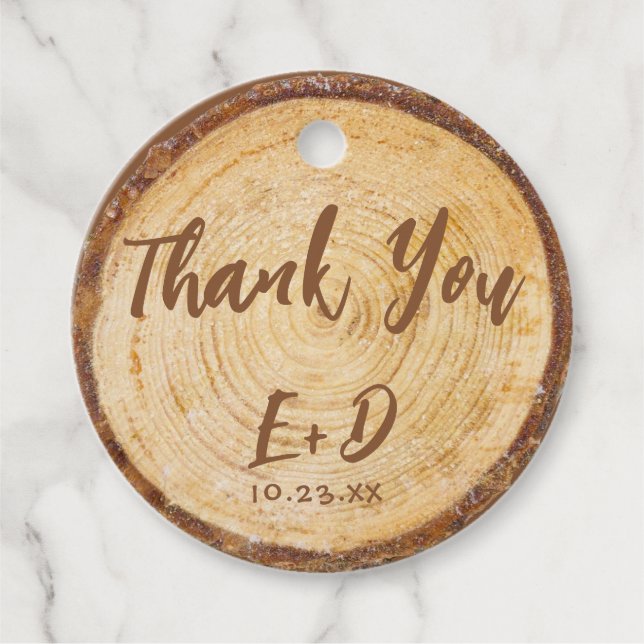 Étiquettes Cadeau Mariage rustique Merci de coupe de bois Brown Scri (Devant)