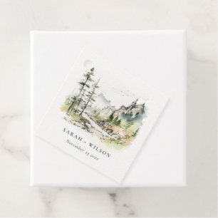 Étiquettes Cadeau Mariage Sketch Paysage de montagne de Soft Woods