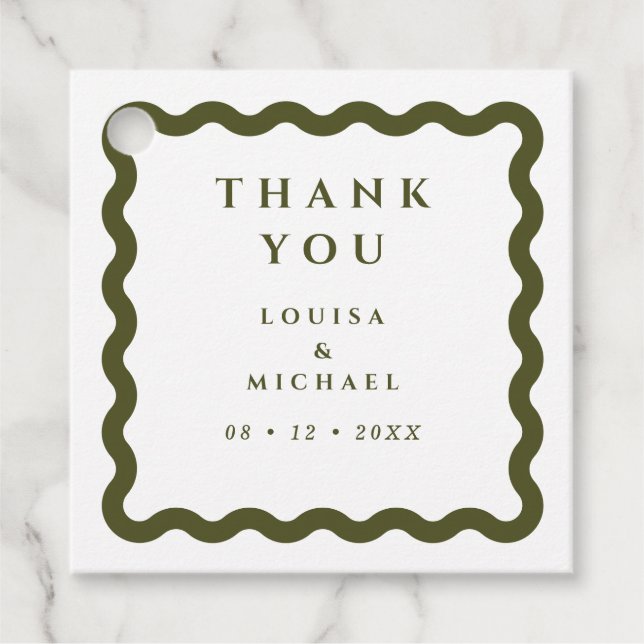 Étiquettes Cadeau Mariage vert et blanc Retro Wavy (Devant)