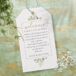 Étiquettes-cadeau Mariage vert Favoriser Panier de bienvenue<br><div class="desc">Cette élégante verdure et or et étiquette peut être personnalisée avec vos informations de remerciement spécial dans la typographie chic. Conçu par Thisisnotme©</div>