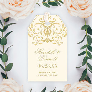 Étiquettes-cadeau Mariage Vintage Glamour Ivoire Monogramme Or