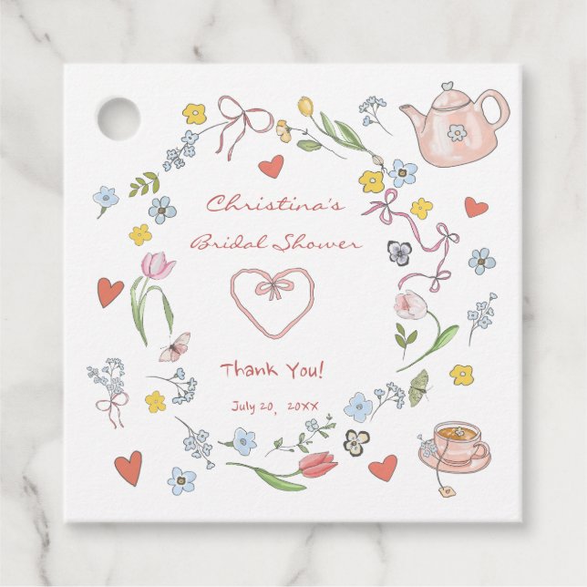 Étiquettes Cadeau Mariage Whimsical avec Thé Dessiné à la Main (Devant)