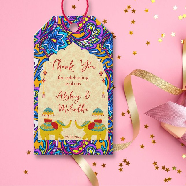 Étiquettes-cadeau Mariages indiens éléphants bleu jaune merci (Indian wedding favor gift tags cute jolly Indian wedding elephants custom favor gift tags)