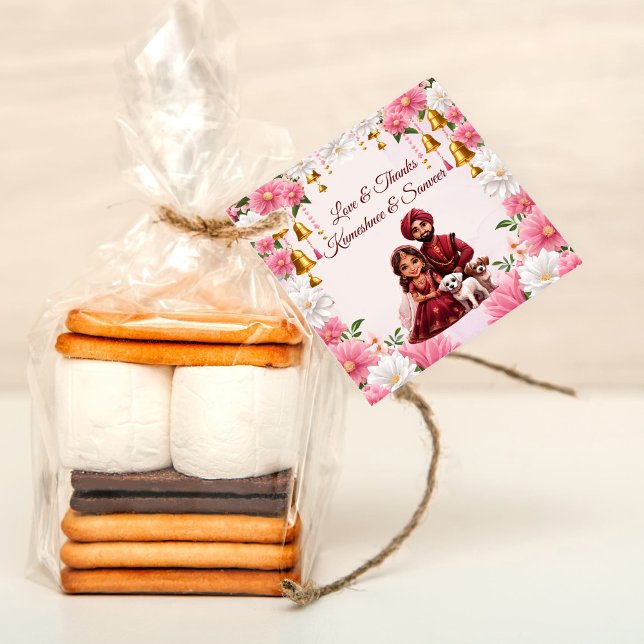 Étiquettes Cadeau Mariée indienne avec chiens de caricature favoriti (Créateur téléchargé)