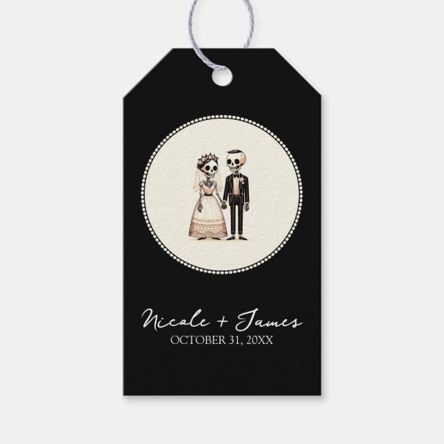 Étiquettes-cadeau Mariée squelette de dessin animé + Marié Mariage f (Devant)