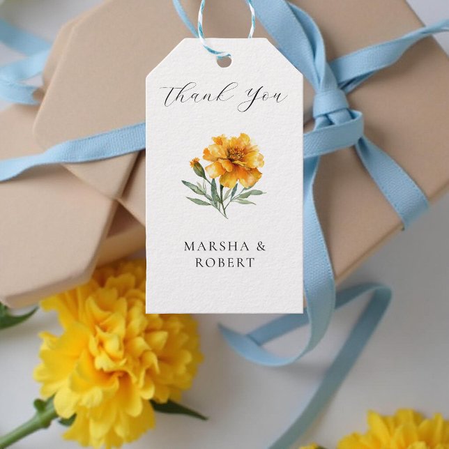 Étiquettes-cadeau Marigold Wedding Elegant Watercolor Floral Yellow  (Créateur téléchargé)