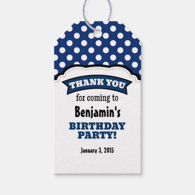 Étiquettes-cadeau Marine Bleu Blanc Polka Point Anniversaire Merci T (Devant)