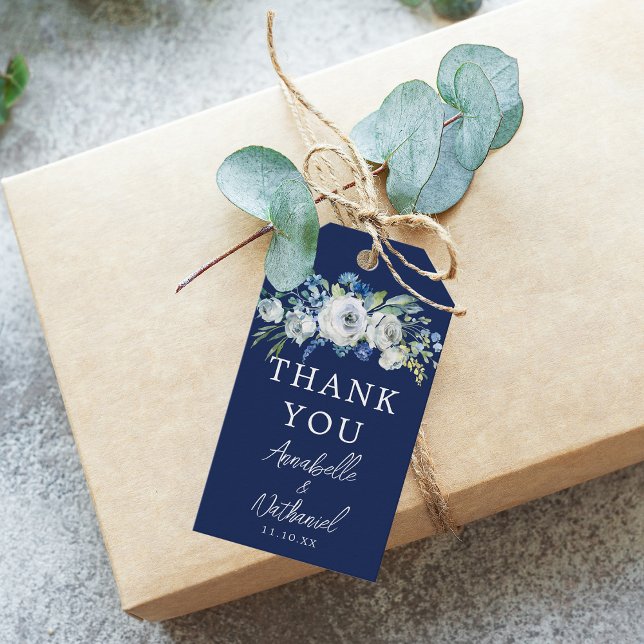 Étiquettes-cadeau Marine bleu Floral Chic Merci de mariage d'hiver (Créateur téléchargé)