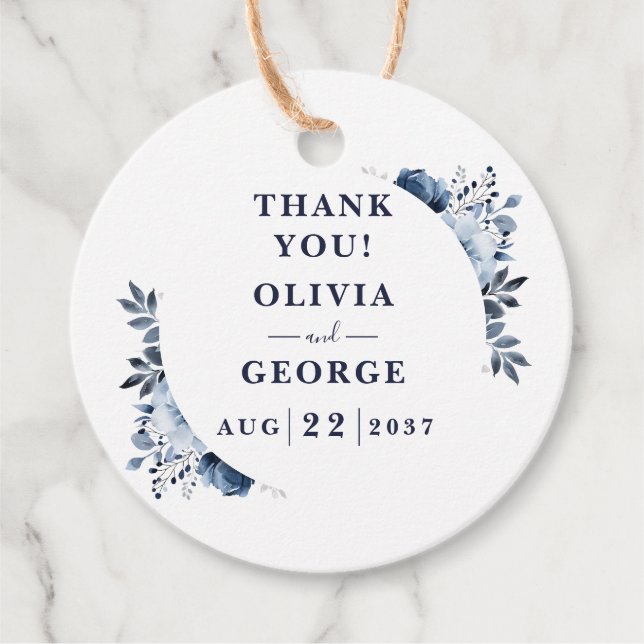 Étiquettes Cadeau Marine Bleu Pays Élégant Floral Mariage (Devant)