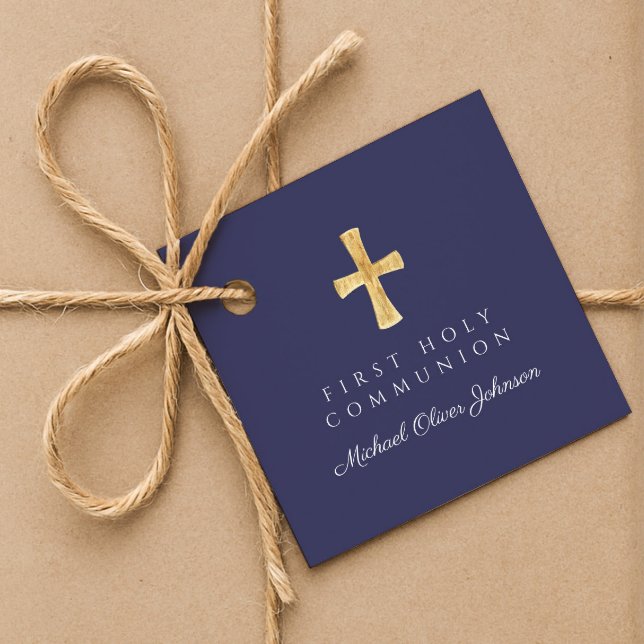 Étiquettes Cadeau Marine Bleu Script Croix Boy Première communion (Navy Blue Script Cross Boy First Communion Favor Tags)
