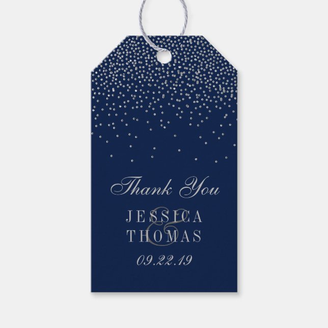 Étiquettes-cadeau Marine Blue & Glam Silver Confetti Mariage Faveur (Devant)