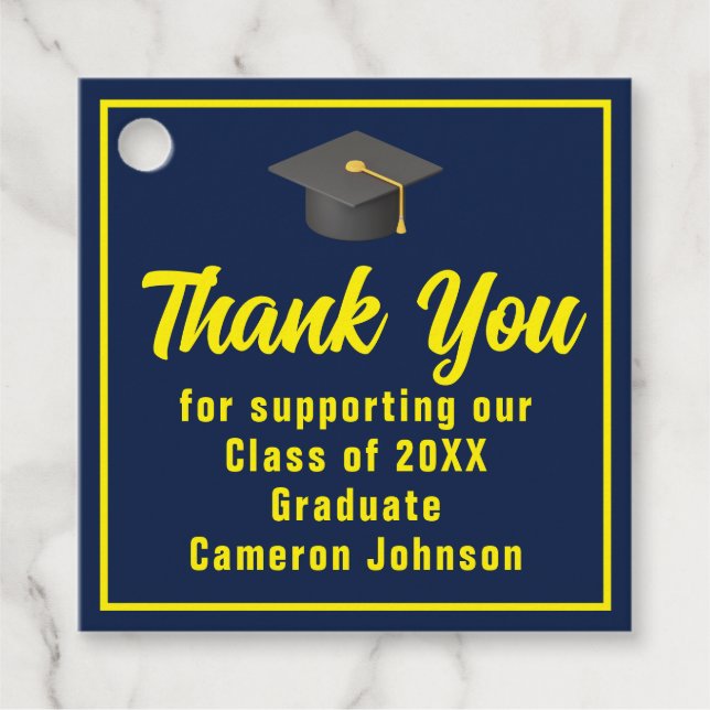 Étiquettes Cadeau Marine Blue Jaune Graduate Custom Party (Devant)