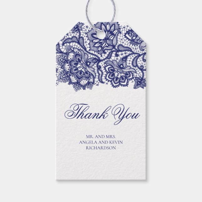 Étiquettes-cadeau Marine Blue Lace Mariage élégant (Devant)