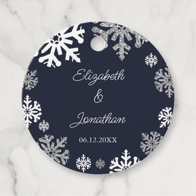 Étiquettes Cadeau Marine Blue Snowflakes Mariage d'hiver (Devant)