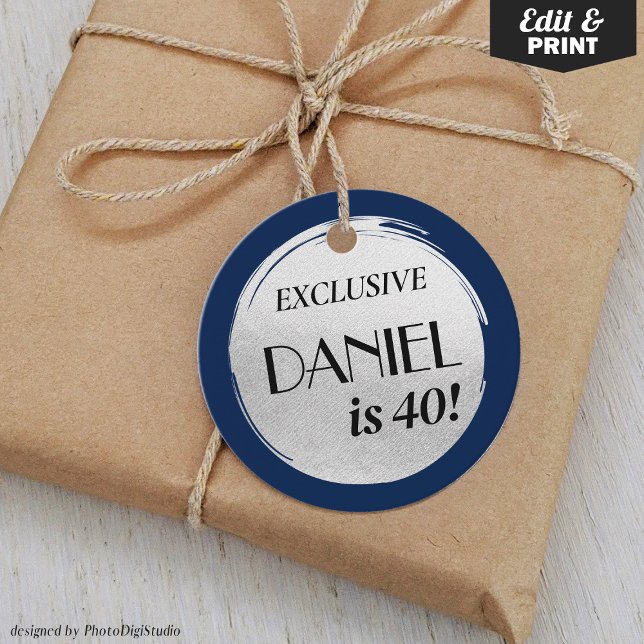 Étiquettes Cadeau Marine moderne Anniversaire Bleu Argent (Modern Birthday Navy Blue Silver Favor Tags and Gift tags)