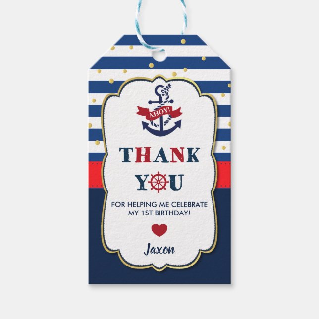 Étiquettes-cadeau Marine Rouge or Nautical Ahoy Ancre fête d'anniver (Devant)