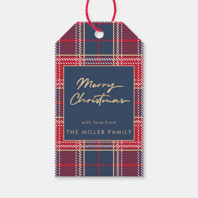 Étiquettes-cadeau Marine Rouge Tartan Plaid Faux Or Élégant (Devant)