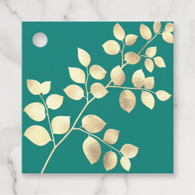 Étiquettes Cadeau Marque de mariage romantique feuille en or vert (Devant)