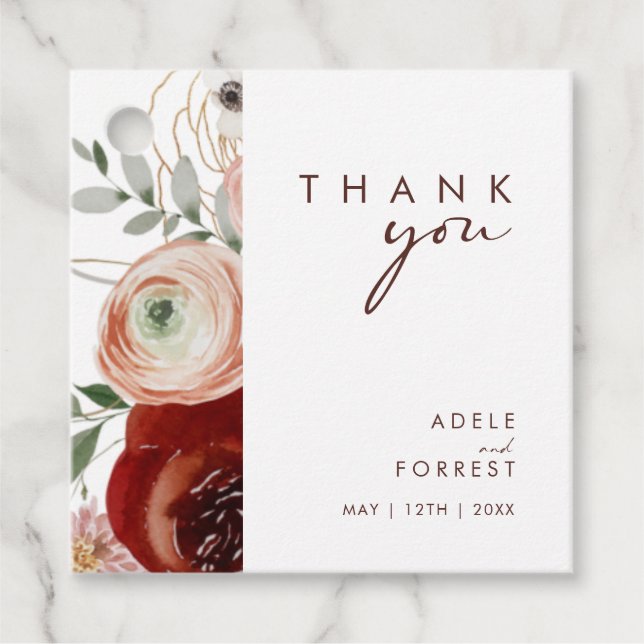 Étiquettes Cadeau Marsala Autumn Floral | Merci blanc (Devant)