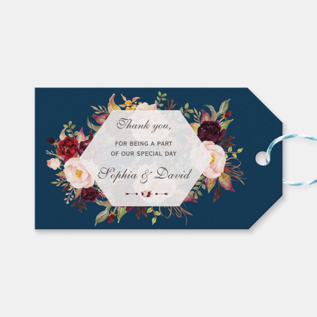 Étiquettes-cadeau Marsala de Bourgogne Floral Mariage géométrique (Devant (Horizontal))