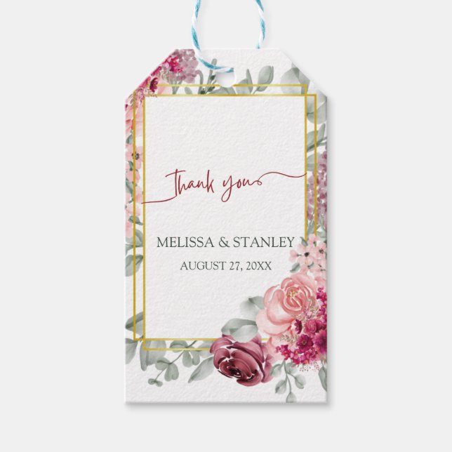 Étiquettes-cadeau Marsala de Bourgogne rustique et Mariage floral ro (Devant)