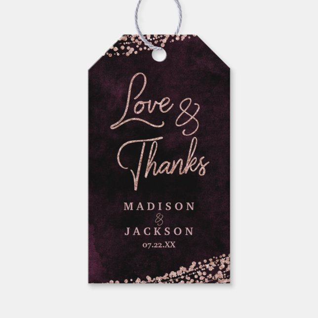 Étiquettes-cadeau Marsala Vin & Rose Or Mariage Amour & Merci (Devant)