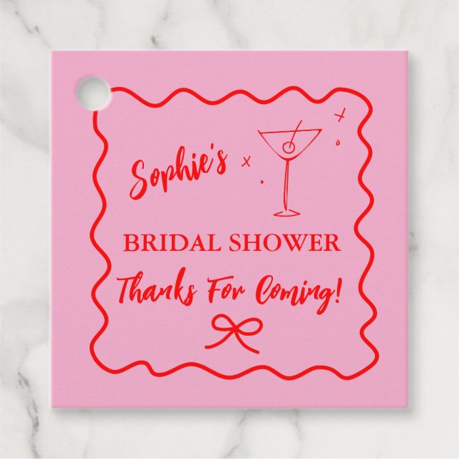 Étiquettes Cadeau Martini de Fête de Fiançailles Rétro Rose et Rouge (Devant)